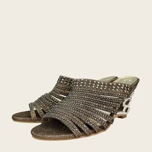 John Fashion Gold Rhinestone Strappy Kitten Heel Sandals